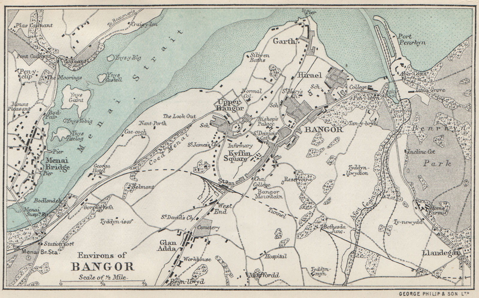 BANGOR vintage town/city plan. Menai Bridge. Wales. WARD LOCK 1906 old map